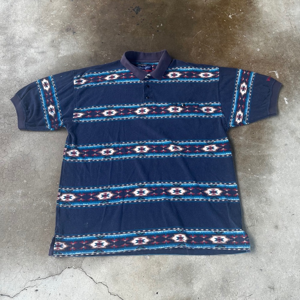 Wrangler Polo Shirt Mens XL Blue Excellent Southwestern Tribal Print Vintage 90s